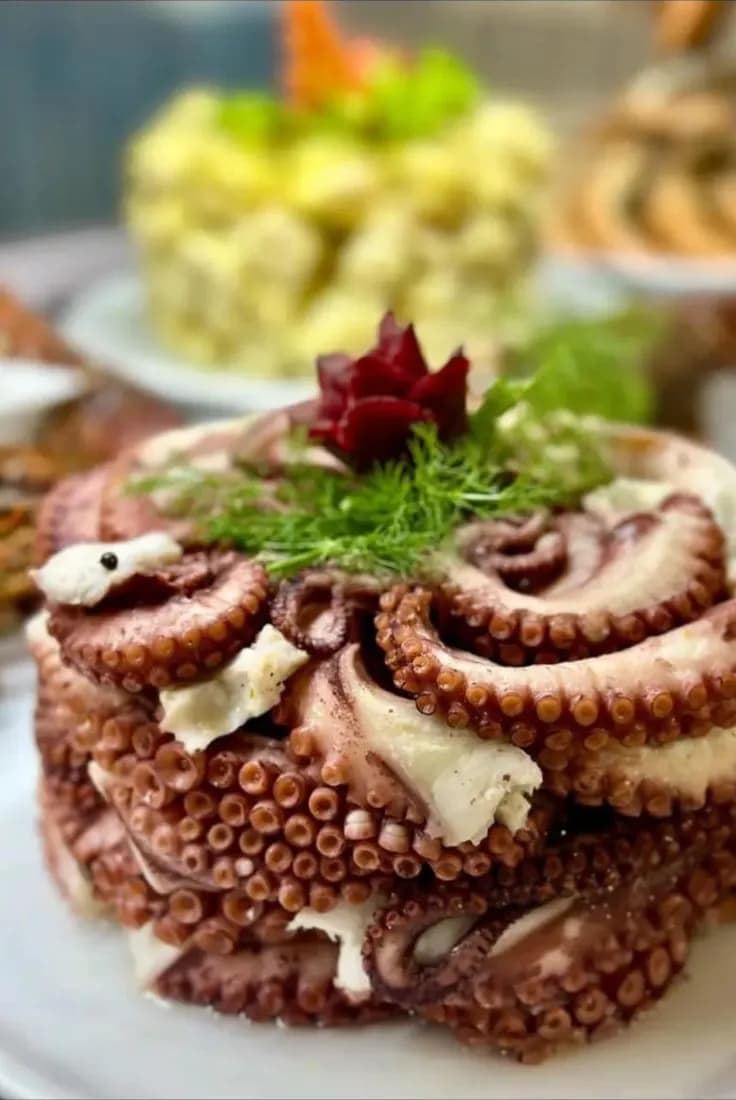 Poulpe en entrée, dressé à l'assiette au restaurant de Dar El Bhar à Djerba