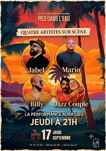 Live-Konzertabend Pied Dans L'Eau – Jabel, Mario, Billy & Jazz Couple · Dar El Bhar, Djerba